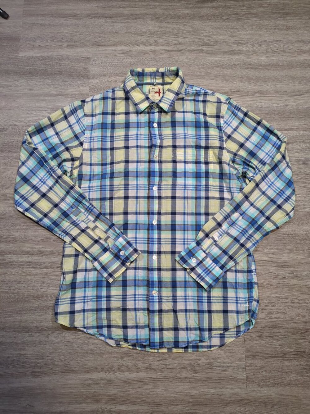 Relwen Rumpled Lawn Ultralight Shirt Men's Medium Plaid Blue White Yellow